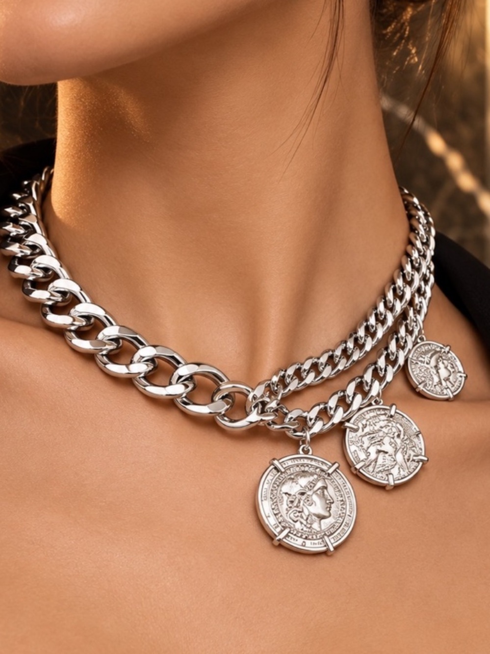 Silver Tone Layered Chunky Chain Coin Charm Statement Necklace